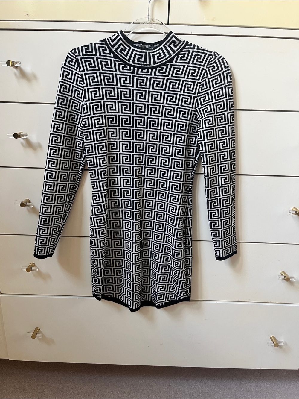 Black & White Long-Sleeve Geometric Knit Dress